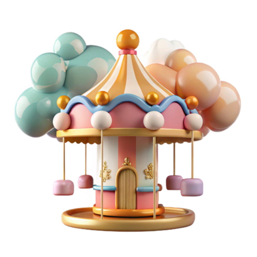 Whimsical 3D Render of a Pink Carousel with Balloons png