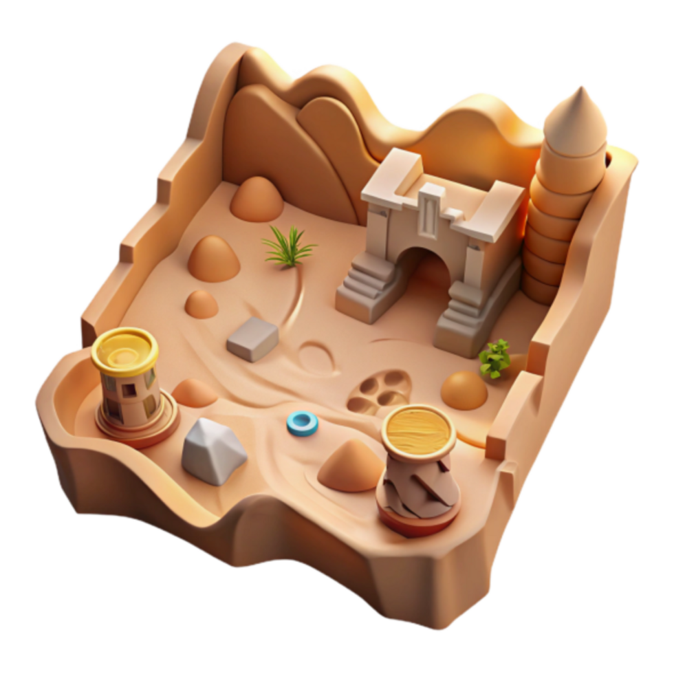 3D Render Desert Oasis Game Asset Sand Dune Landscape with Ancient Ruins, Pillars, and Plants png