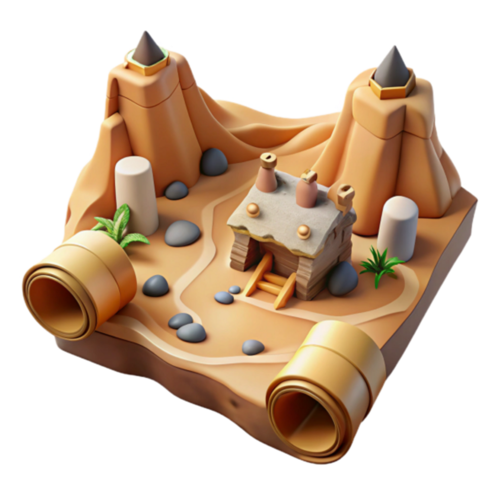 Desert Oasis 3D Illustration Stylized Game Asset of a Small House in a Desert Landscape with Scrolls png