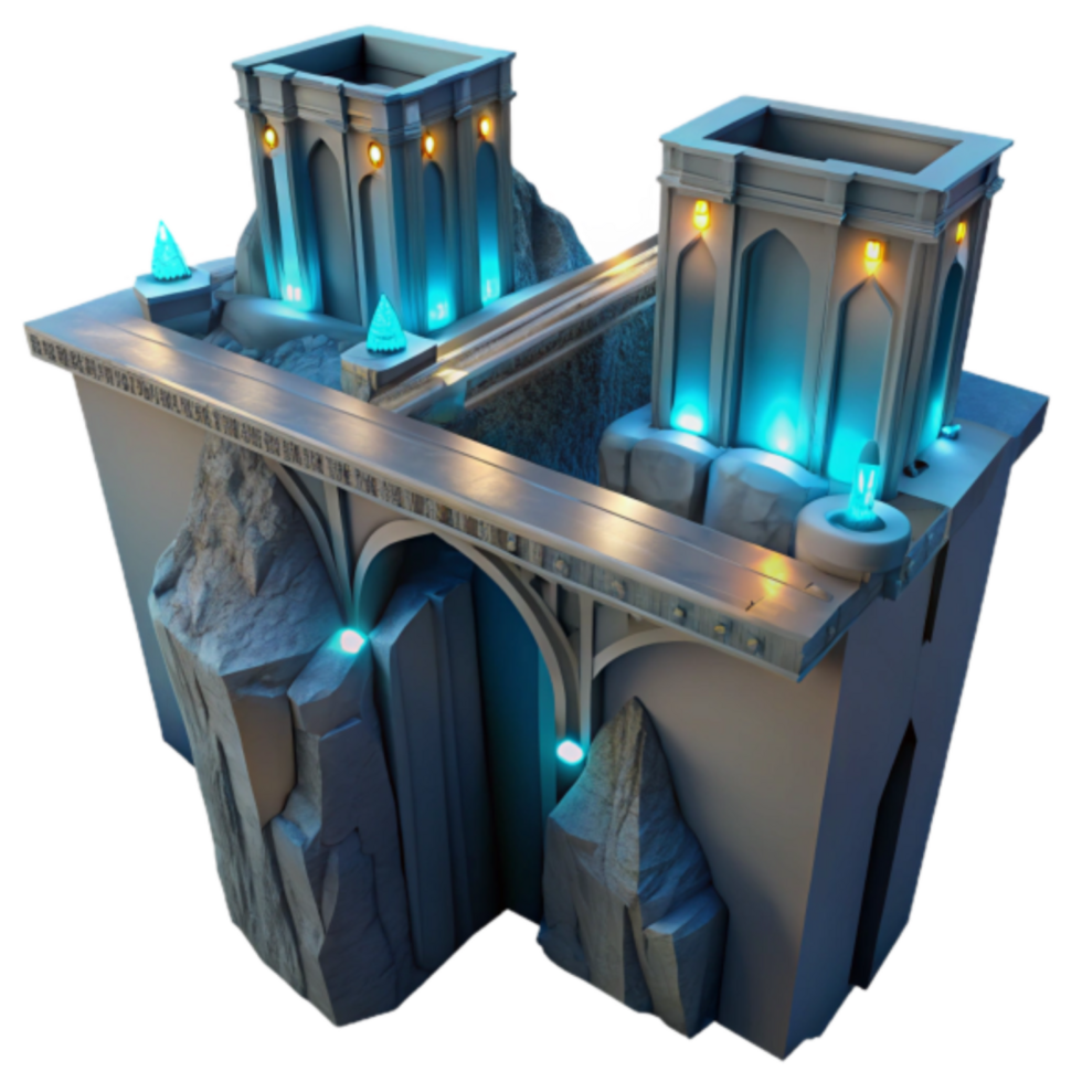 Fantasy Bridge 3D Render Ethereal Towers, Glowing Crystals, and Arching Pathways png