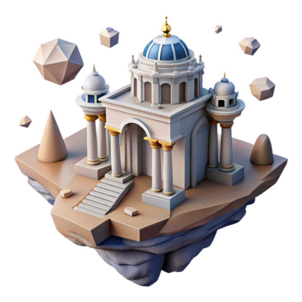 Floating Temple 3D Render Low Poly Architecture, Aegean Style, Fantasy Island Scene png