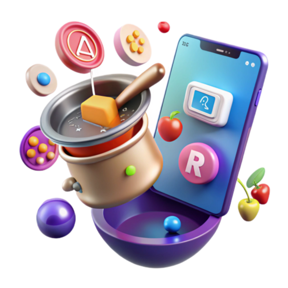 Vibrant 3D Render of a Cooking Pot with Mobile App Interface Elements png