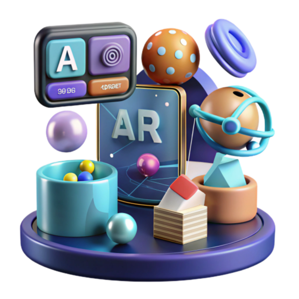 Vibrant 3D AR App Interface Illustration with Abstract Geometric Shapes and Colorful Spheres png