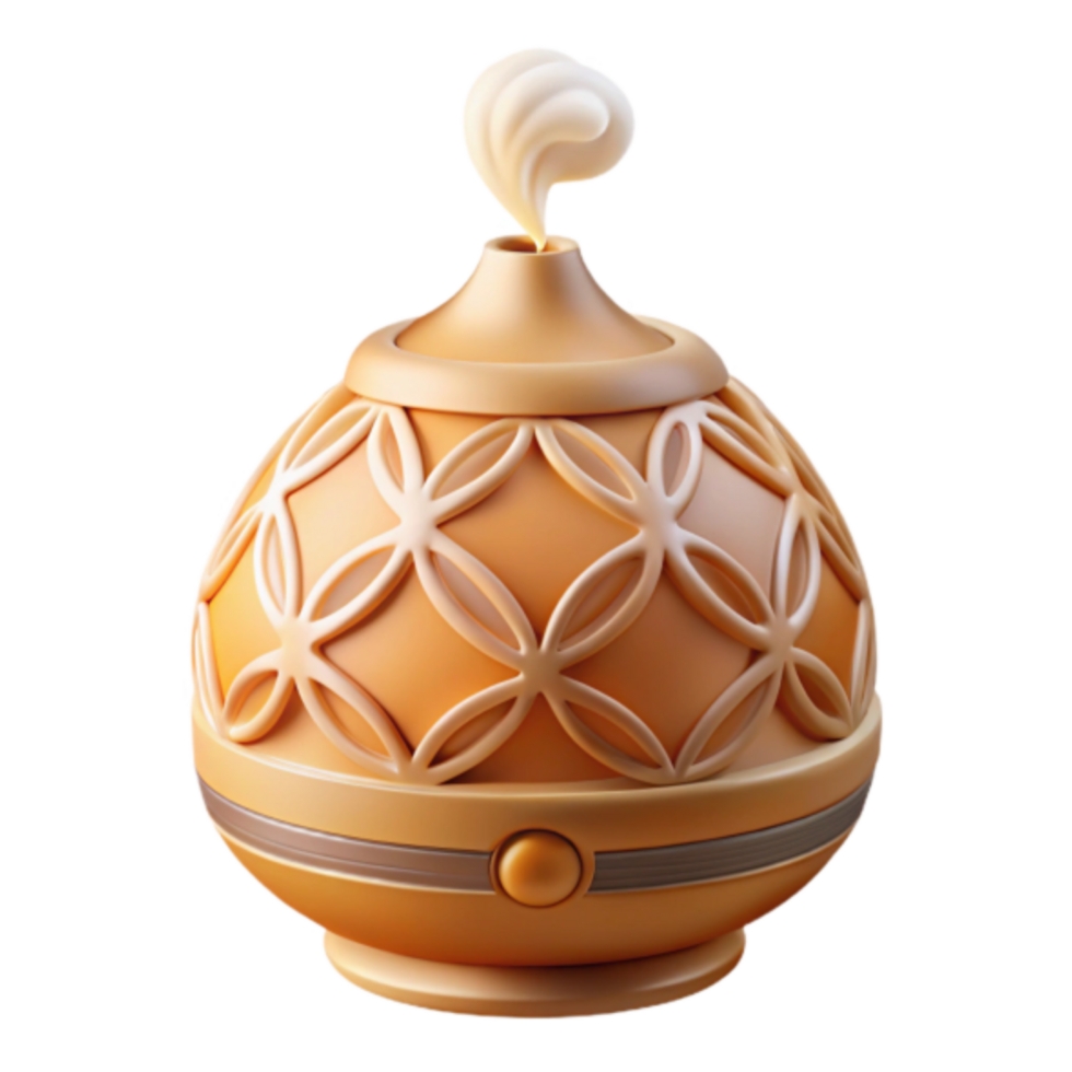 Elegant 3D Render of an Aroma Diffuser, Golden Ornament, Intricate Design, Home Fragrance, Relaxing Ambiance, Air Freshener, Scented Oil, Essential Oil Diffuser, Aromatherapy Device png