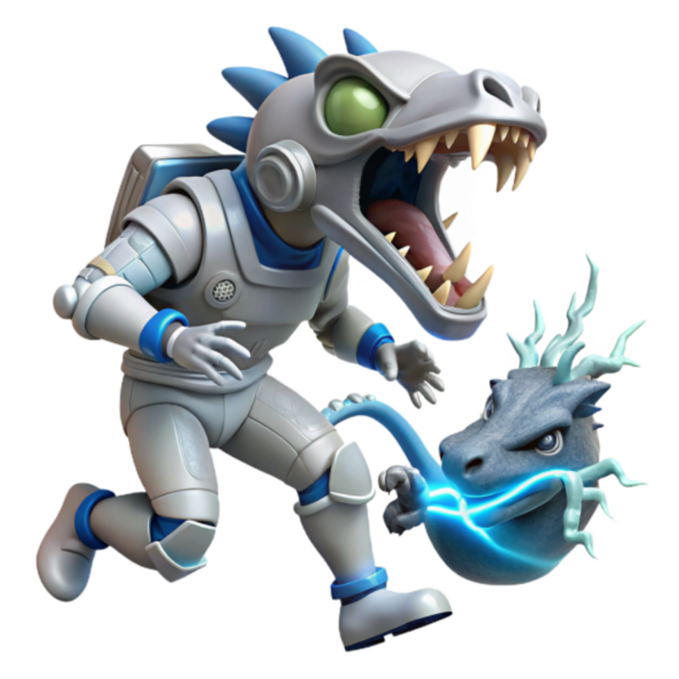 3D Illustration of a Robotic Dinosaur in Space Suit Capturing a Crystalline Creature png