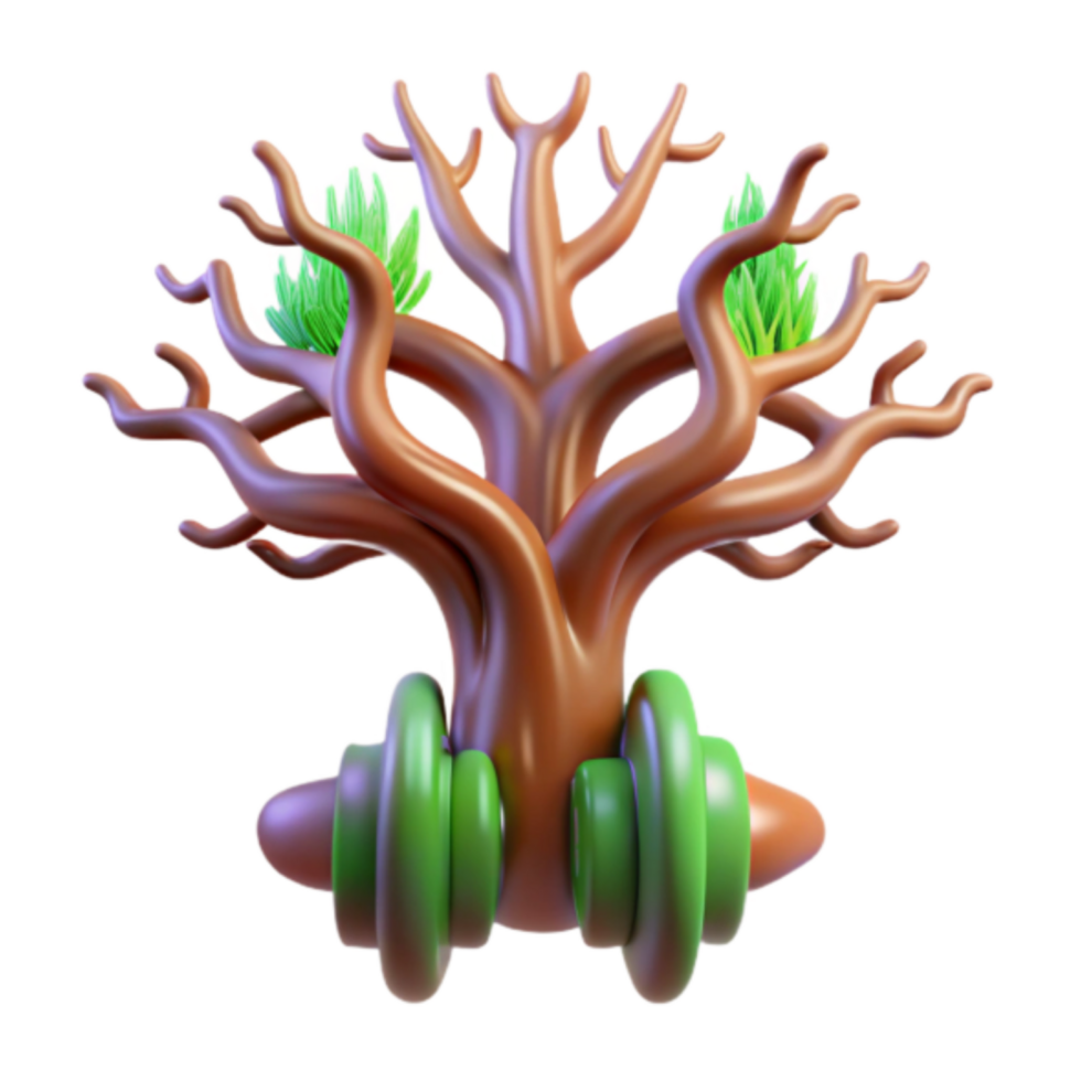 3D Render of Stylized Tree with Dumbbells, Fitness and Nature Concept png