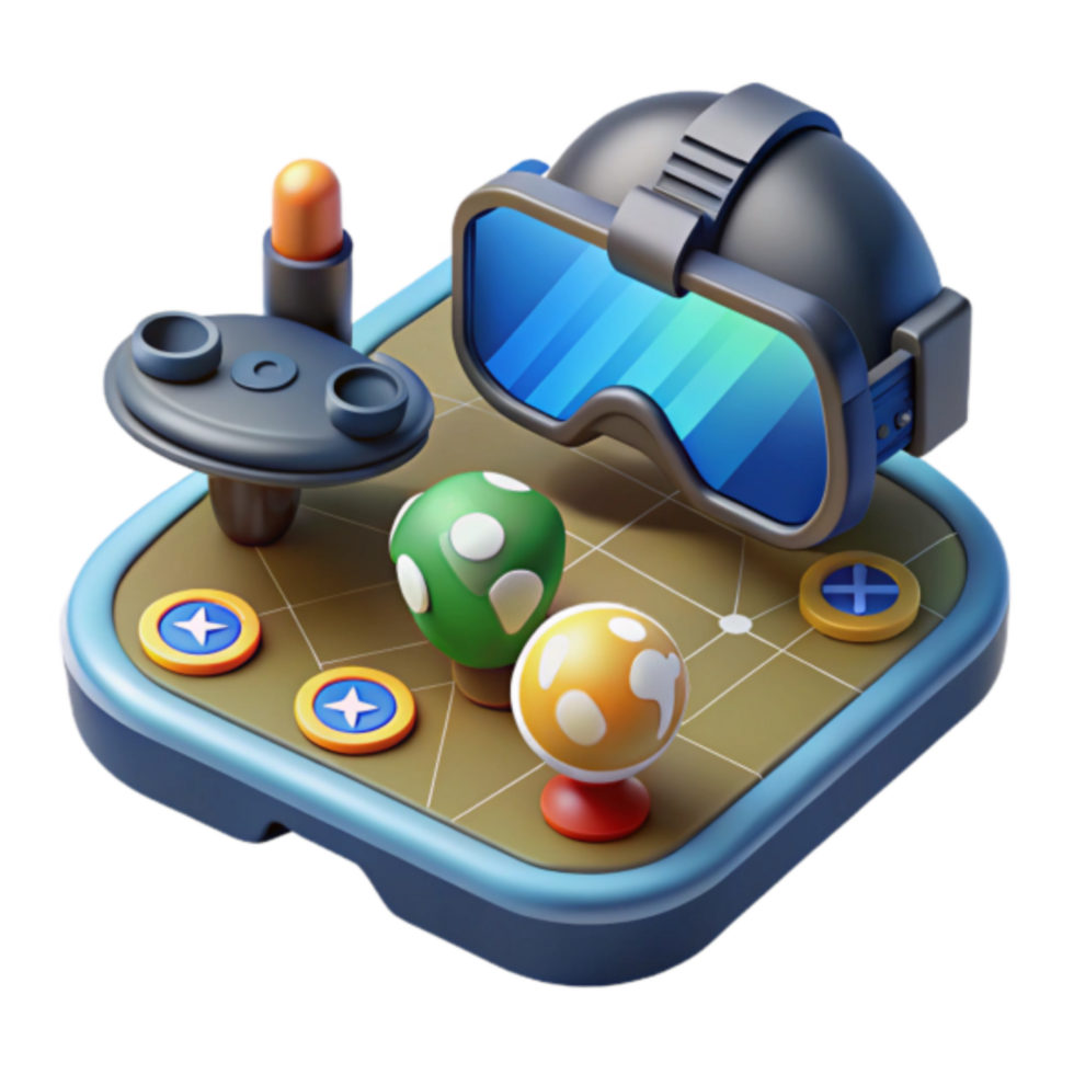 3D Render of Virtual Reality Gaming Setup with Joystick and Mushrooms png
