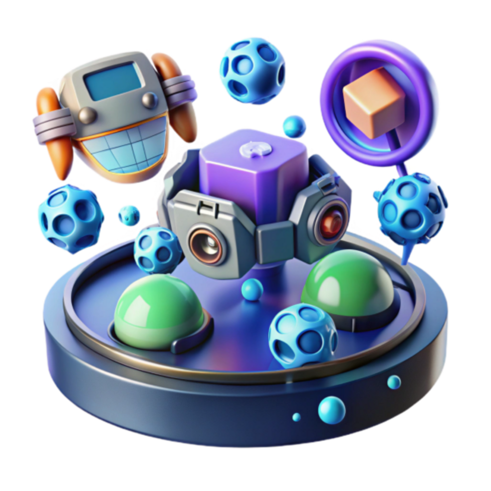 Vibrant 3D Render of Futuristic Gadgets and Geometric Spheres png
