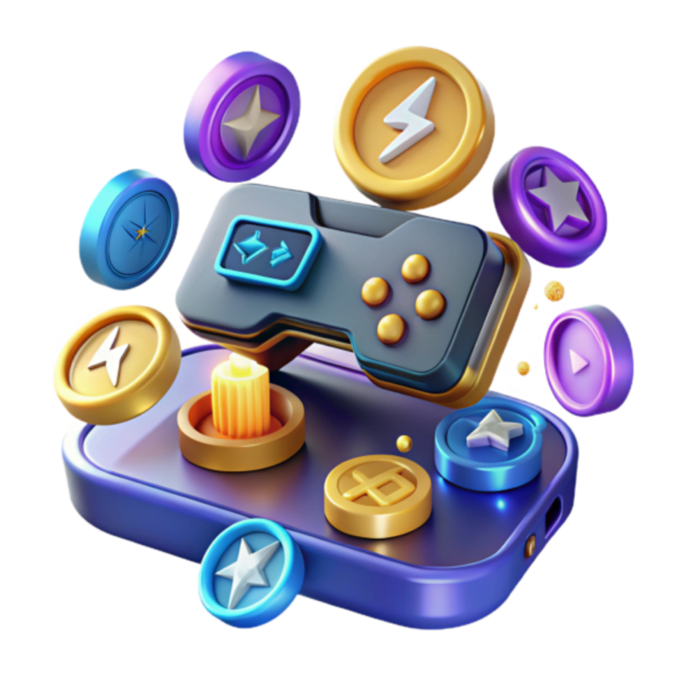 3D Illustration of a Game Controller with Virtual Coins and Rewards png