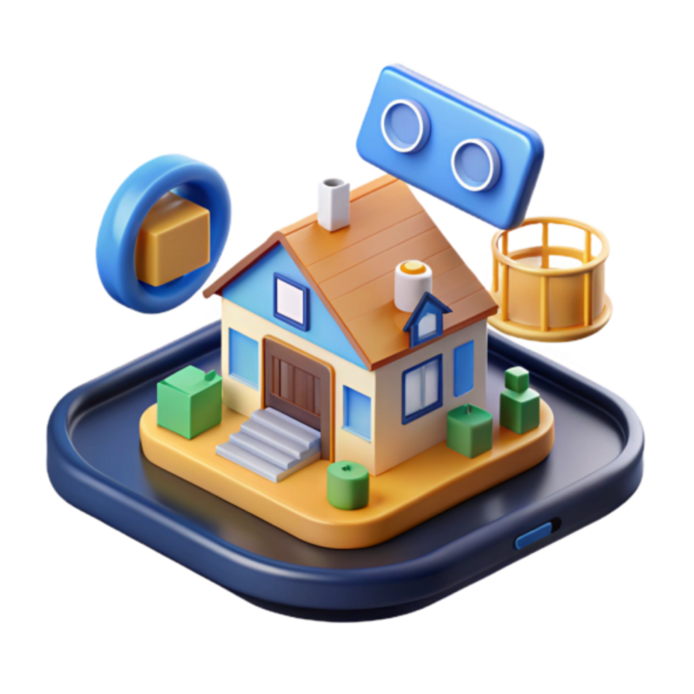 3D Render of a Cute House Illustration with Surrounding Objects png