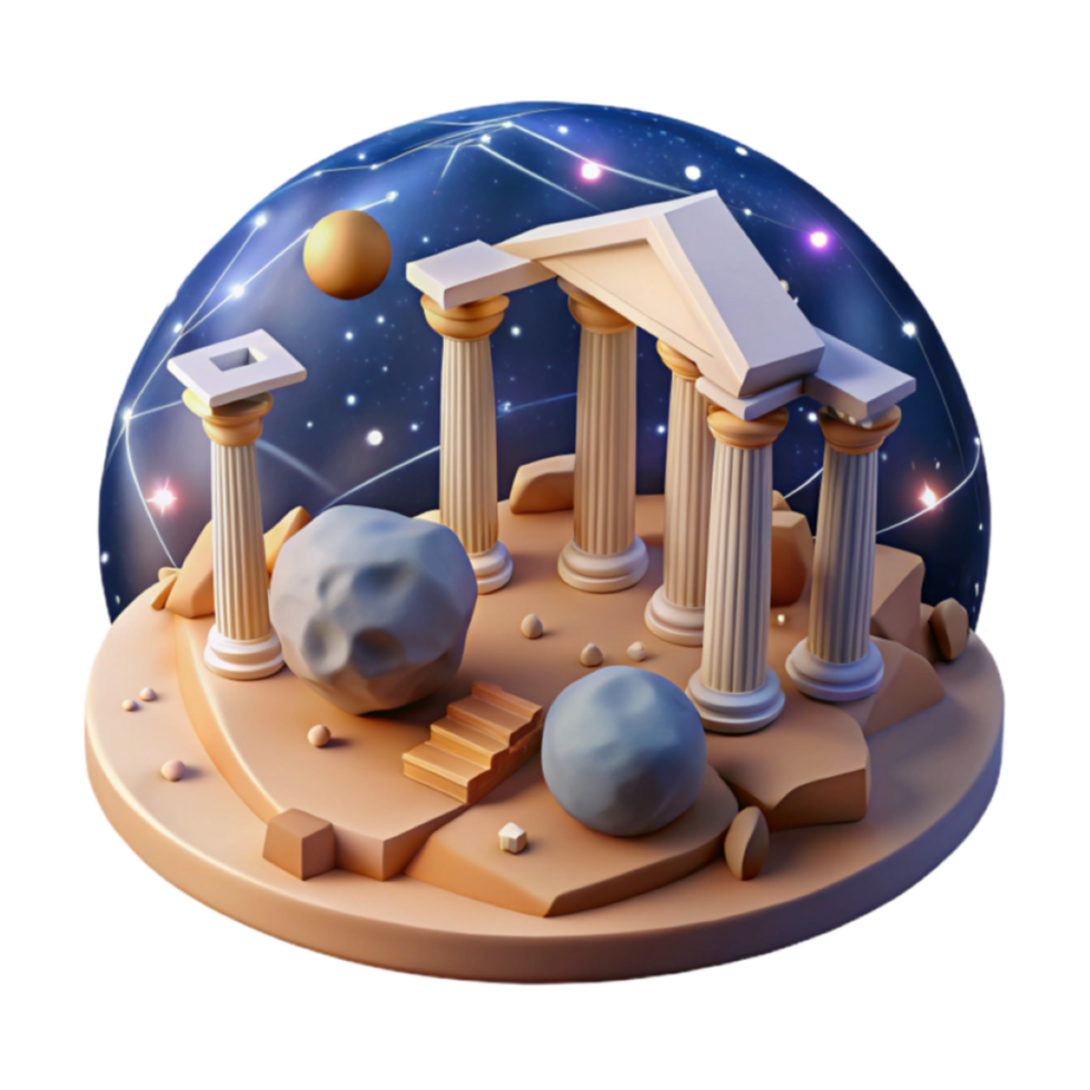 3D Render Celestial Temple Illustration, Ancient Greek Architecture, Starry Night Background, Asteroid Field, Stylized Columns, Digital Art png