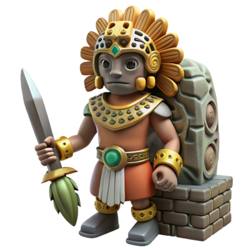 3D Render of Aztec Warrior Cartoon Character with Spear and Stone Monument png