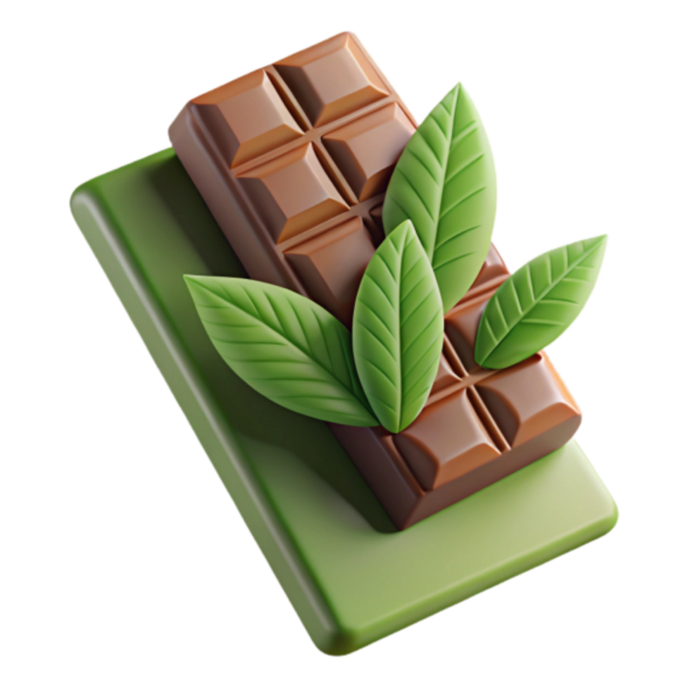 3D Render of Milk Chocolate Bar with Green Leaves png
