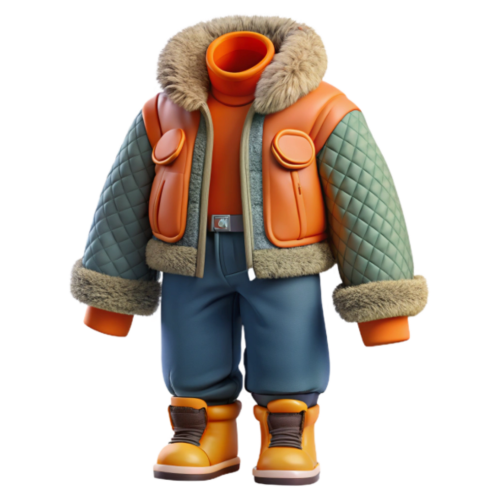 3D Render of Childrens Winter Outfit, Cute Cartoon Style Jacket, Pants and Boots png