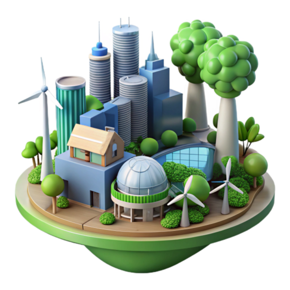 Eco-Friendly City Island 3D Illustration Sustainable Urban Landscape with Wind Turbines and Green Buildings png