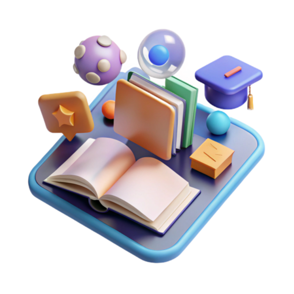 3D Illustration Open Book with Graduation Cap, Books, and Learning Icons png