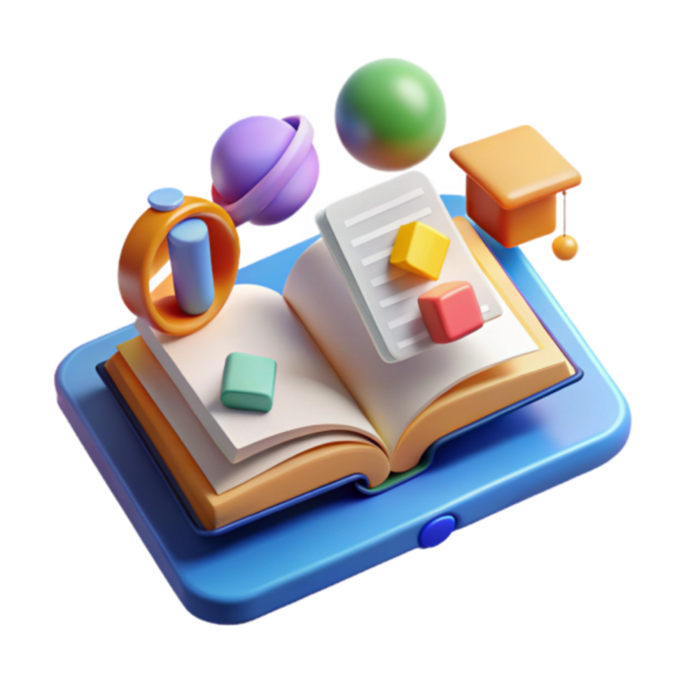3D Render of Open Book on Tablet with Colorful Learning Objects Illustration png