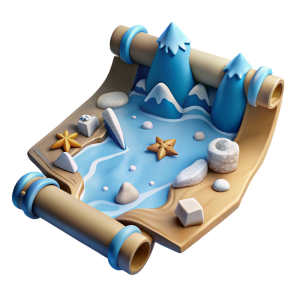 3D Cartoon Scroll Map Illustration Whimsical Coastal Adventure Scene png