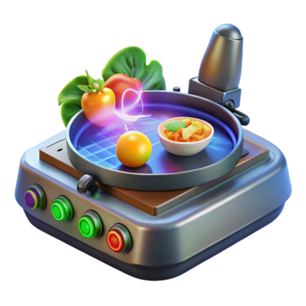Futuristic 3D Render of a Smart Cooking Device with Vegetables and Stew png