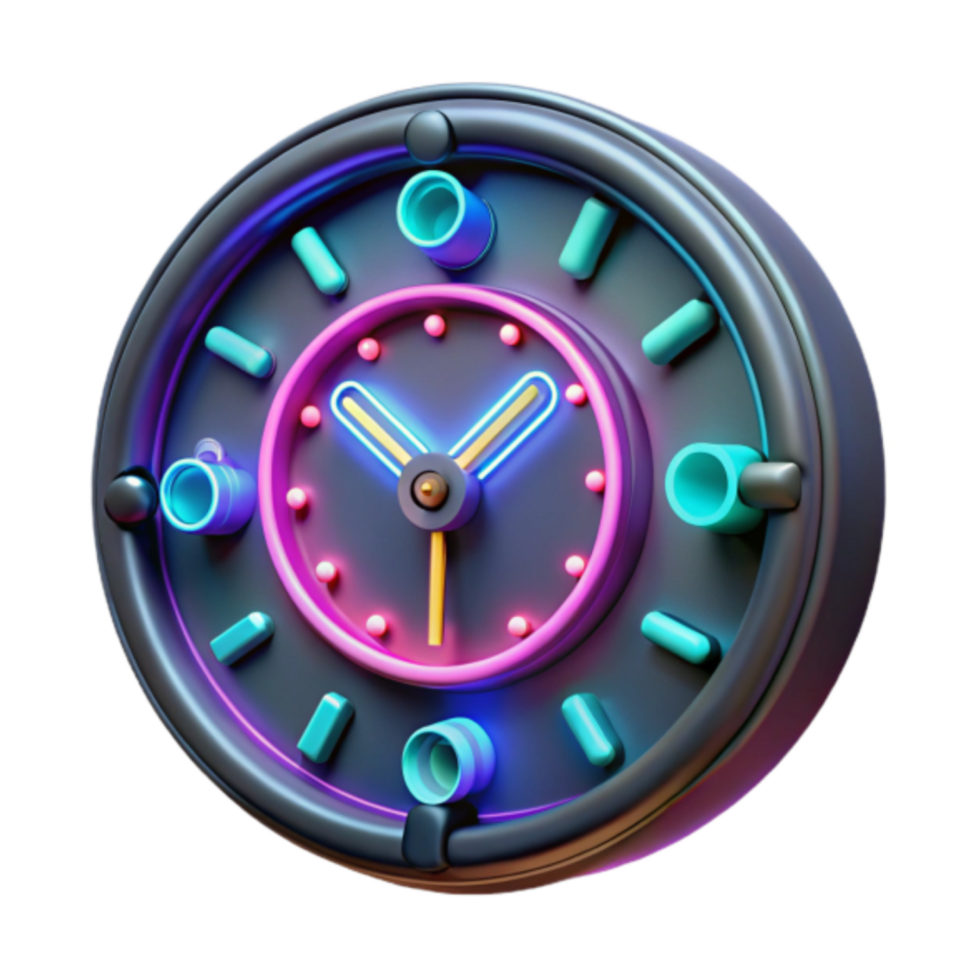 Neon Clock 3D Illustration Vivid Colors, Futuristic Design, Timepiece Graphic png