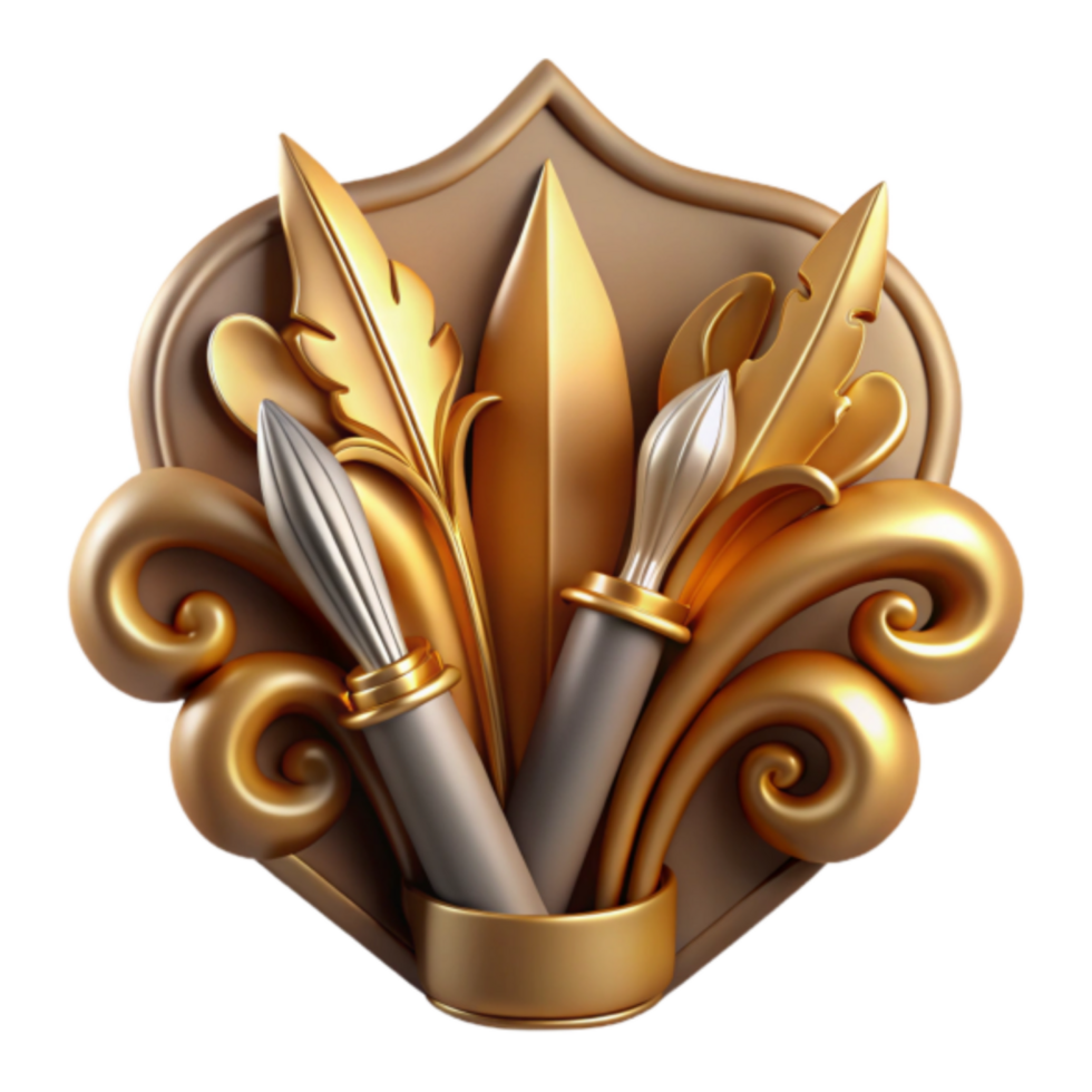 Golden 3D Illustration of Ornate Artistic Pens and Flourishes png