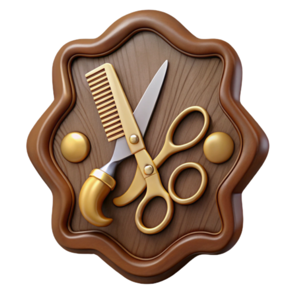 3D Render Golden Hairdressing Tools on Wooden Plaque Illustration png