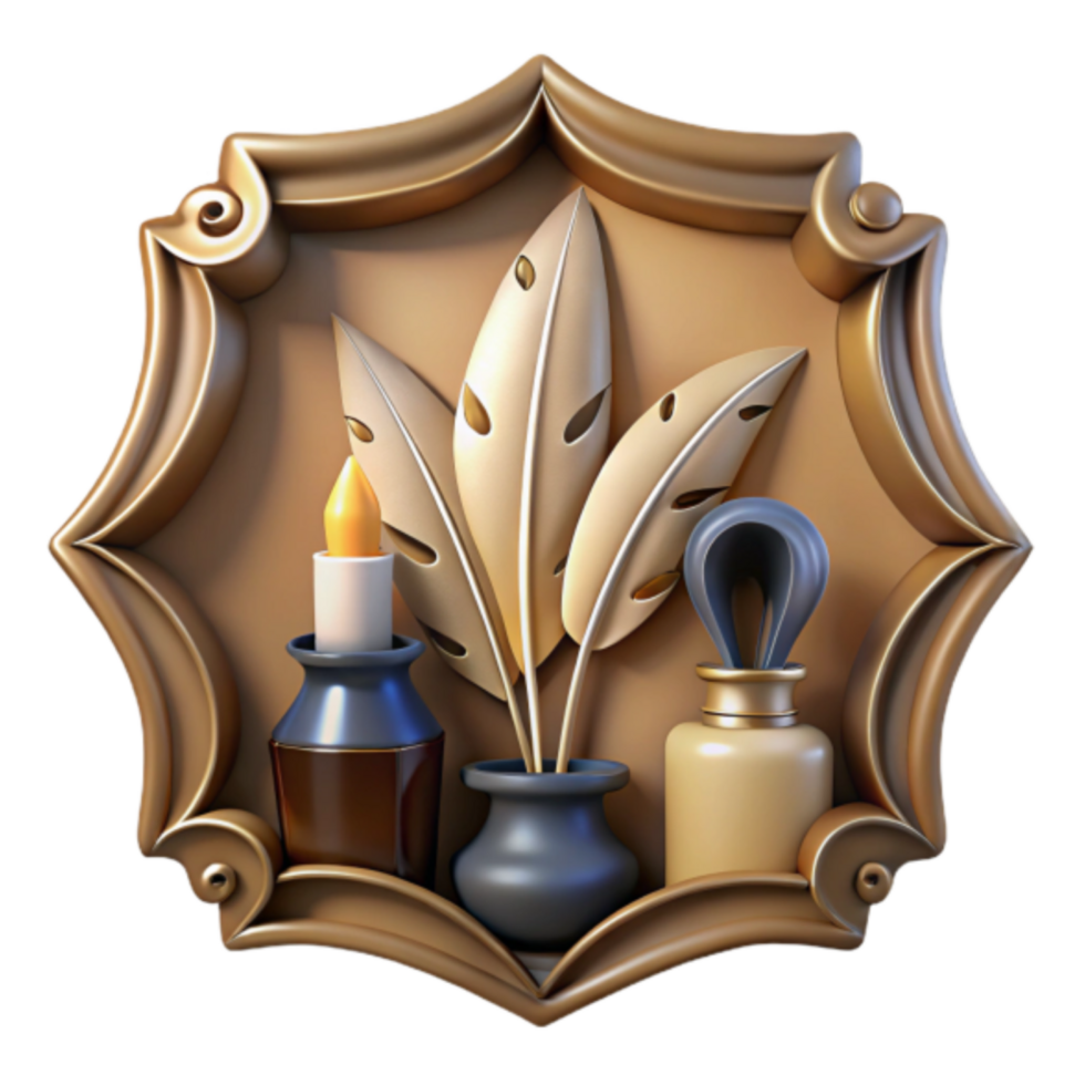 Ornate 3D Render of Candle, Inkwell, and Leaves in Decorative Frame png