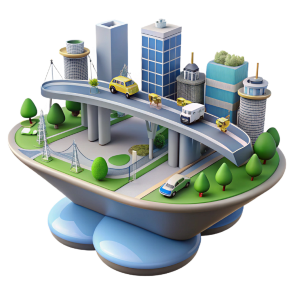 3D Illustration of a Futuristic Floating Cityscape with Elevated Highway png