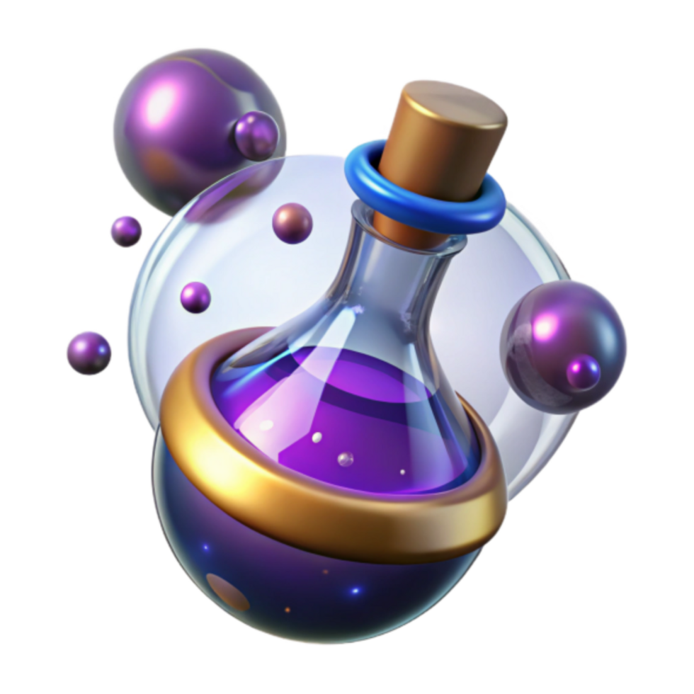 3D Render of Magical Potion Bottle with Glowing Purple Liquid and Abstract Background png
