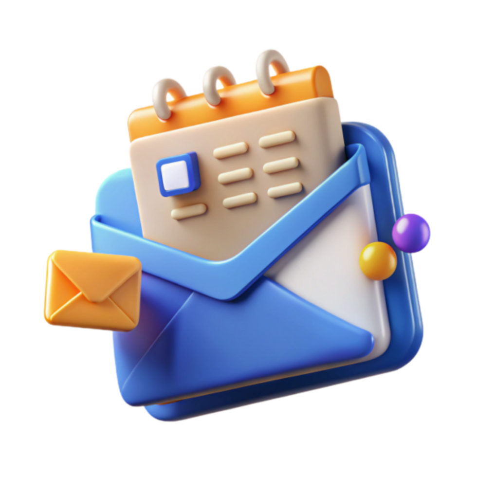 3D Render of Email with Calendar Icon and Colorful Spheres png