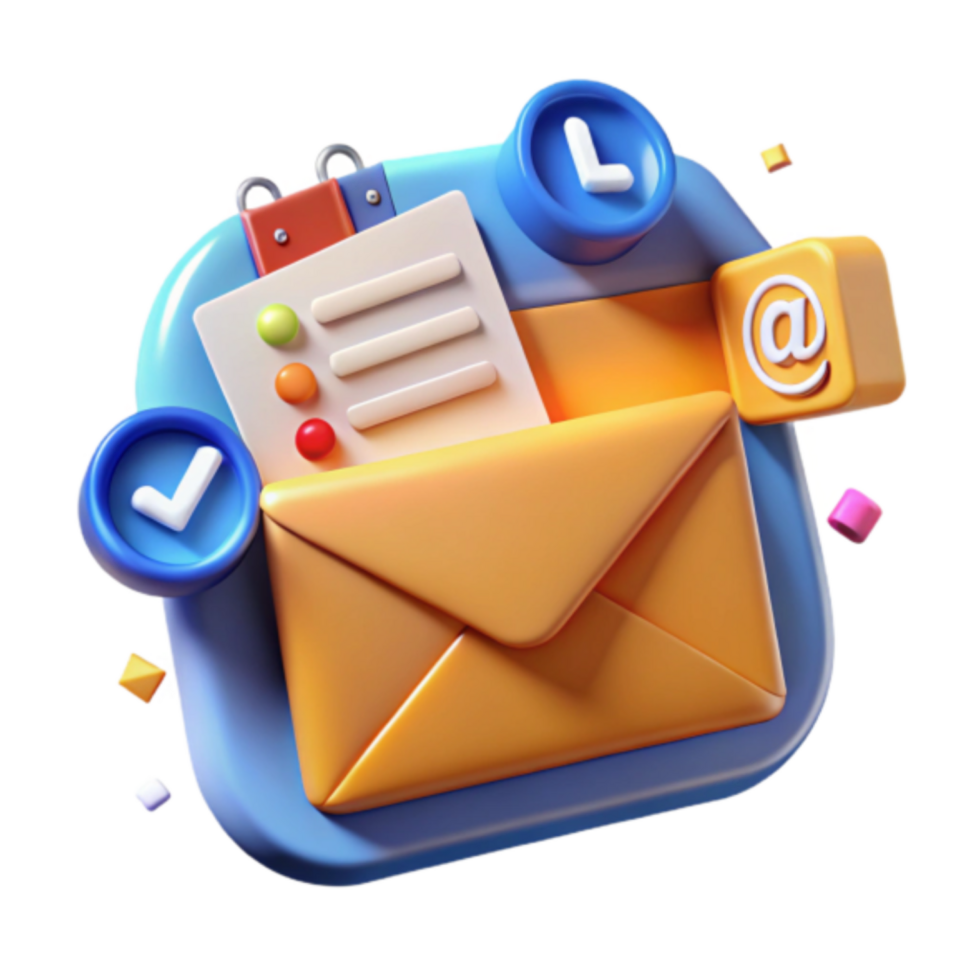 3D Illustration of Email Inbox with Checklist and Time Icon png