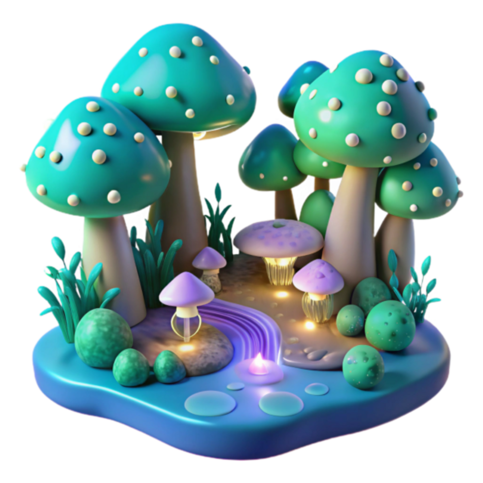 Enchanted 3D Mushroom Forest Illustration A Fantasy Landscape of Glowing Fungi and Mystical Stream png