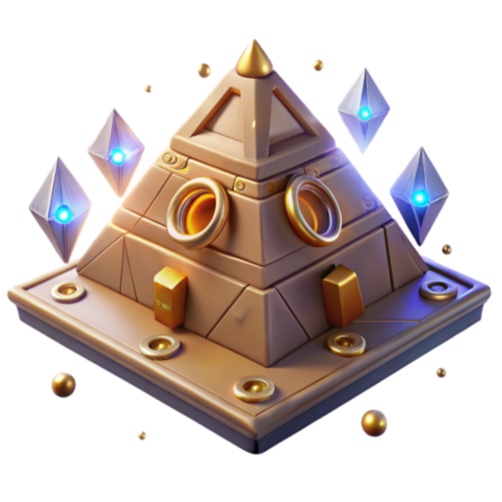 Ancient Pyramid 3D Render Golden Geometric Structure with Crystals png