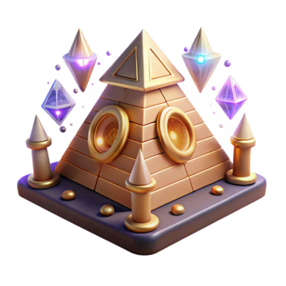 3D Render Golden Pyramid with Speakers and Crystals Abstract Background Illustration png