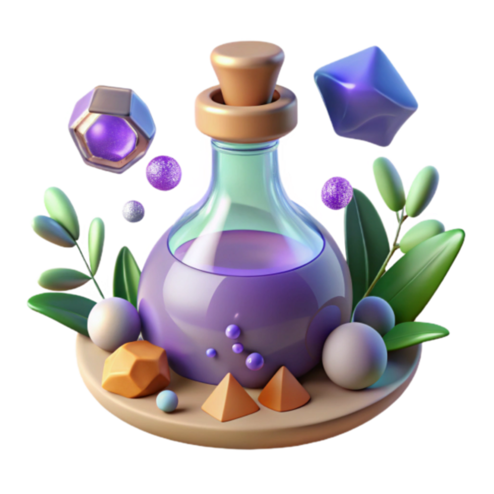 Purple Potion 3D Render Magical Elixir Illustration with Geometric Shapes and Greenery png