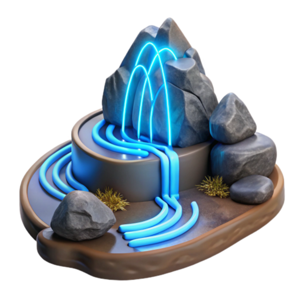 3D Render of Serene Waterfall, Glowing Blue Streams, Rocks, and Peaceful Landscape png