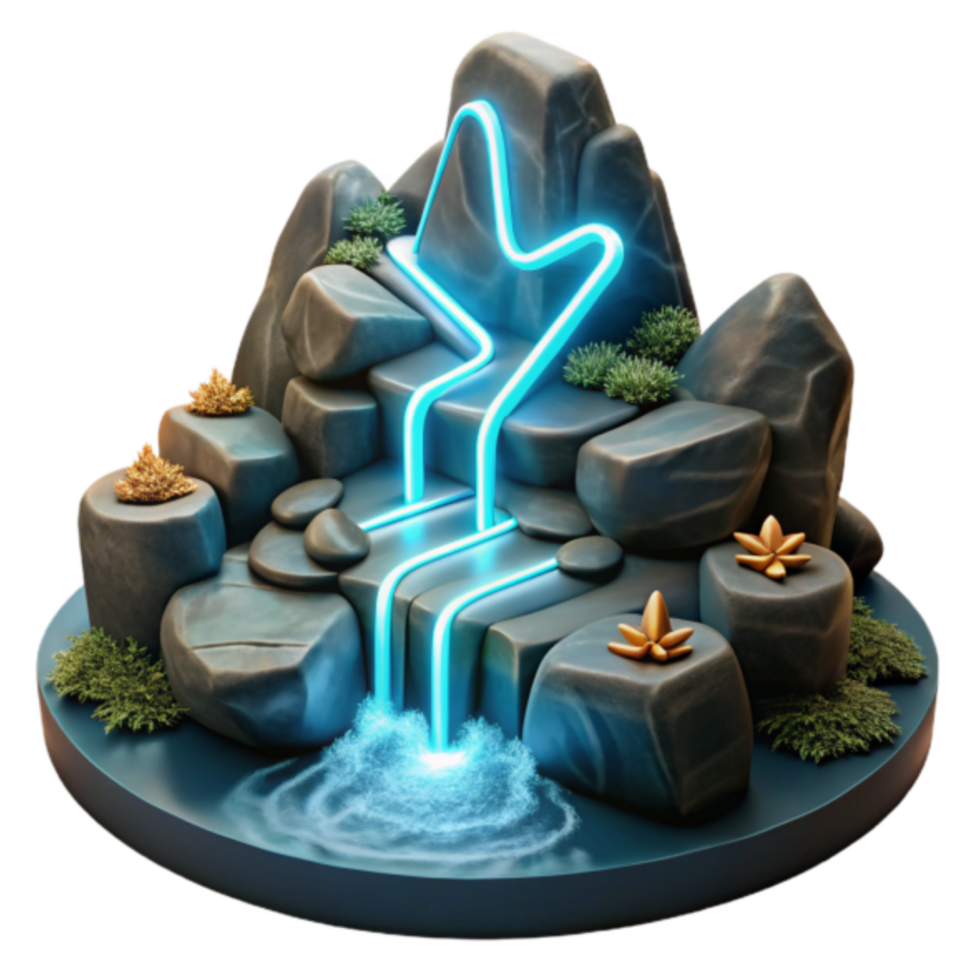 Neon Waterfall 3D Render Serene Rocks, Glowing Streams, Tranquil Pond Illustration png