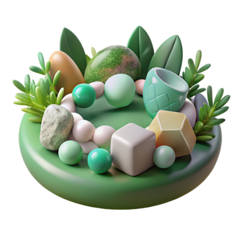 Serene Green 3D Render of Abstract Shapes and Plants png