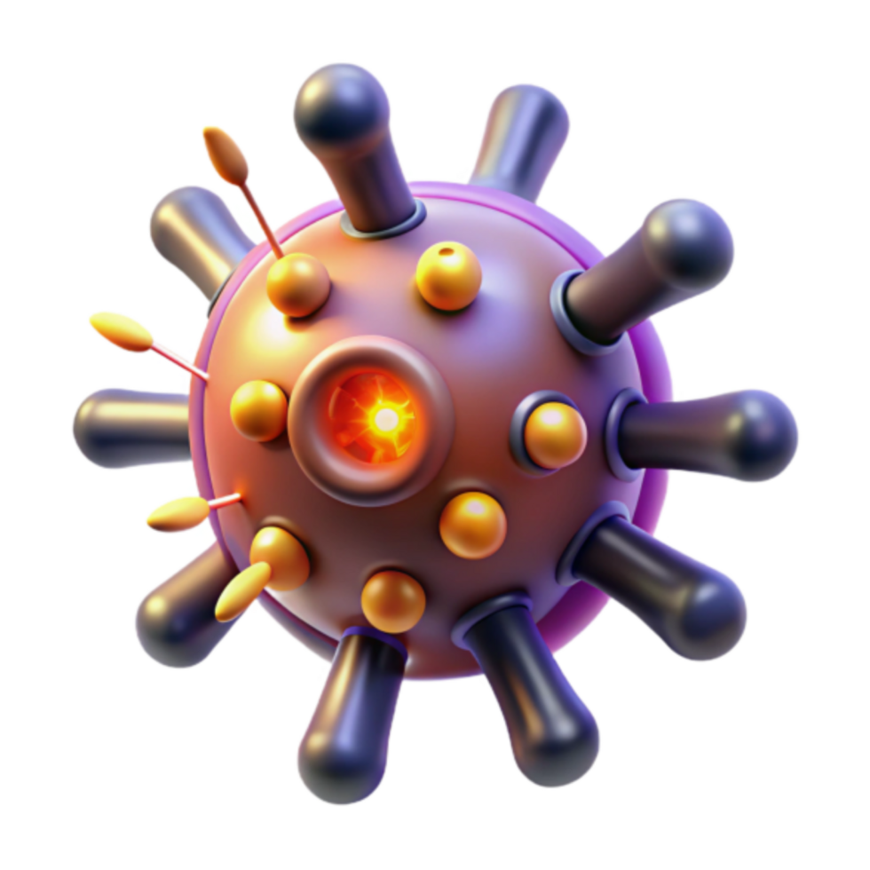 3D Render of a Stylized Virus Particle, Microbiology Illustration, Glowing Core, Abstract Medical Graphic png