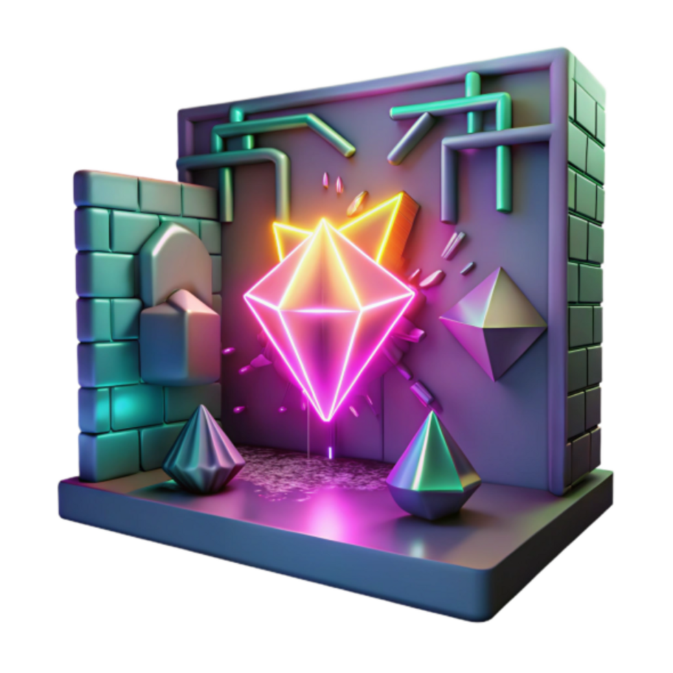 Neon Geometric Crystal 3D Render Abstract Background png