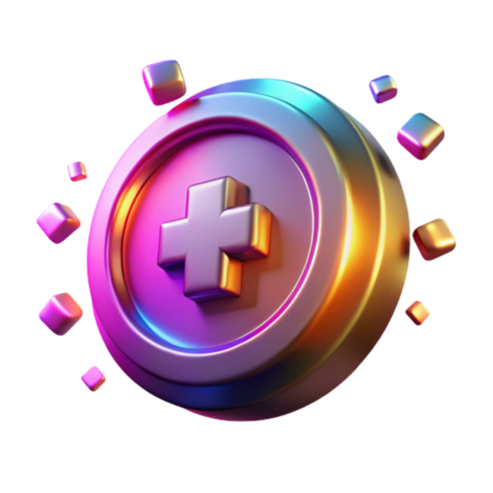 3D Render of a Metallic Plus Icon with Colorful Cubes Background png
