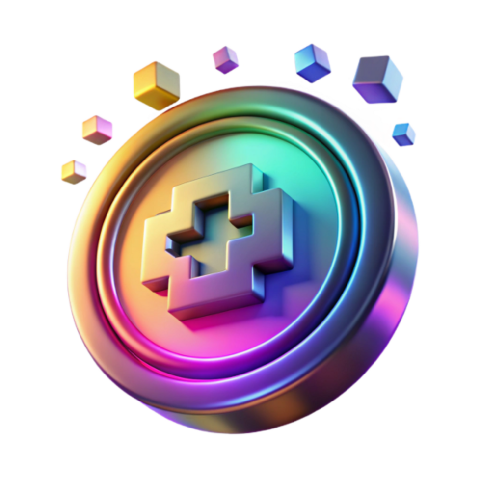 3D Render of a Colorful Metallic Token with a Pixelated Cross Symbol png