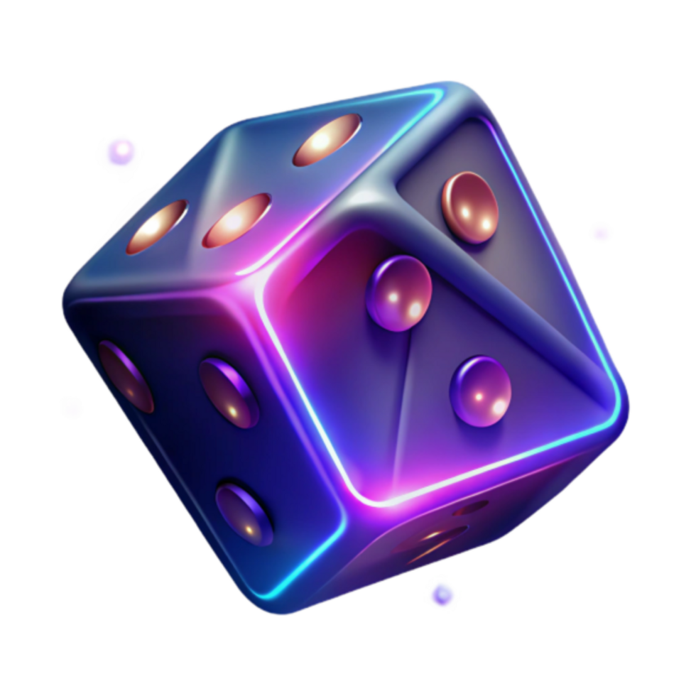 Neon Glowing 3D Dice Illustration, Dynamic Cube, Game Chance Concept, Abstract Purple Blue, Gambling Imagery, Digital Art, Shiny Surface, Vibrant Colors, Futuristic Design, Abstract 3D Render png