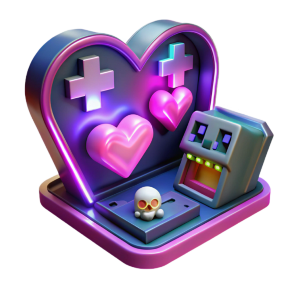 3D Render of a Heart-Shaped Gaming Console with Retro Pixel Art Robot png