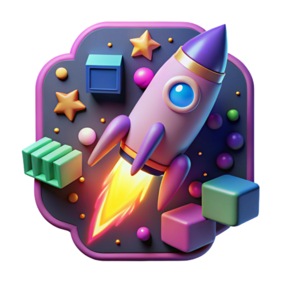 3D Rocket Illustration Launch into Space with Colorful Geometric Shapes png