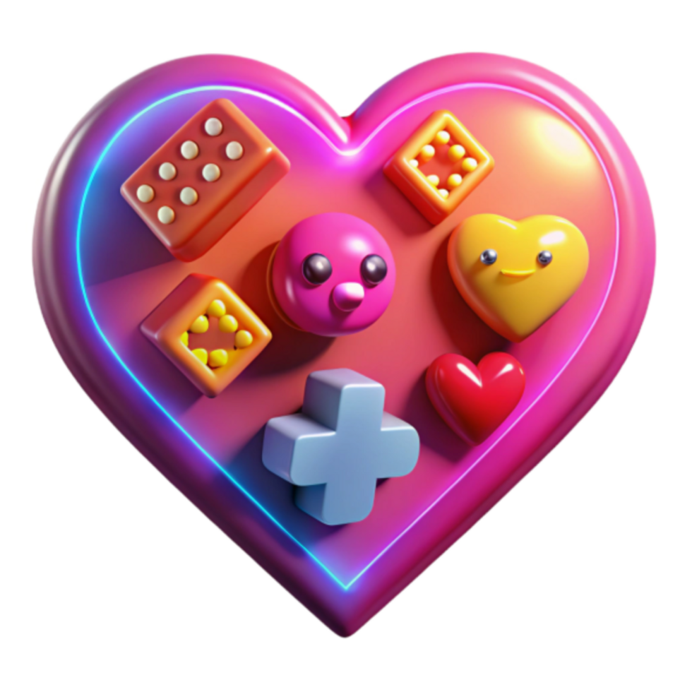3D Render of a Heart-Shaped Game Controller with Cute Emojis png