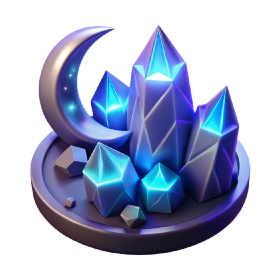 Glowing Crystal Cluster and Crescent Moon 3D Render png