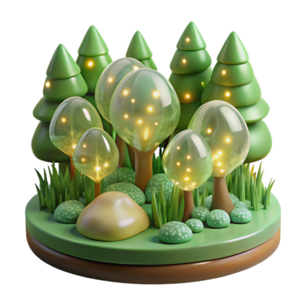 Enchanted 3D Forest Illustration Glowing Trees and Lush Grassland png
