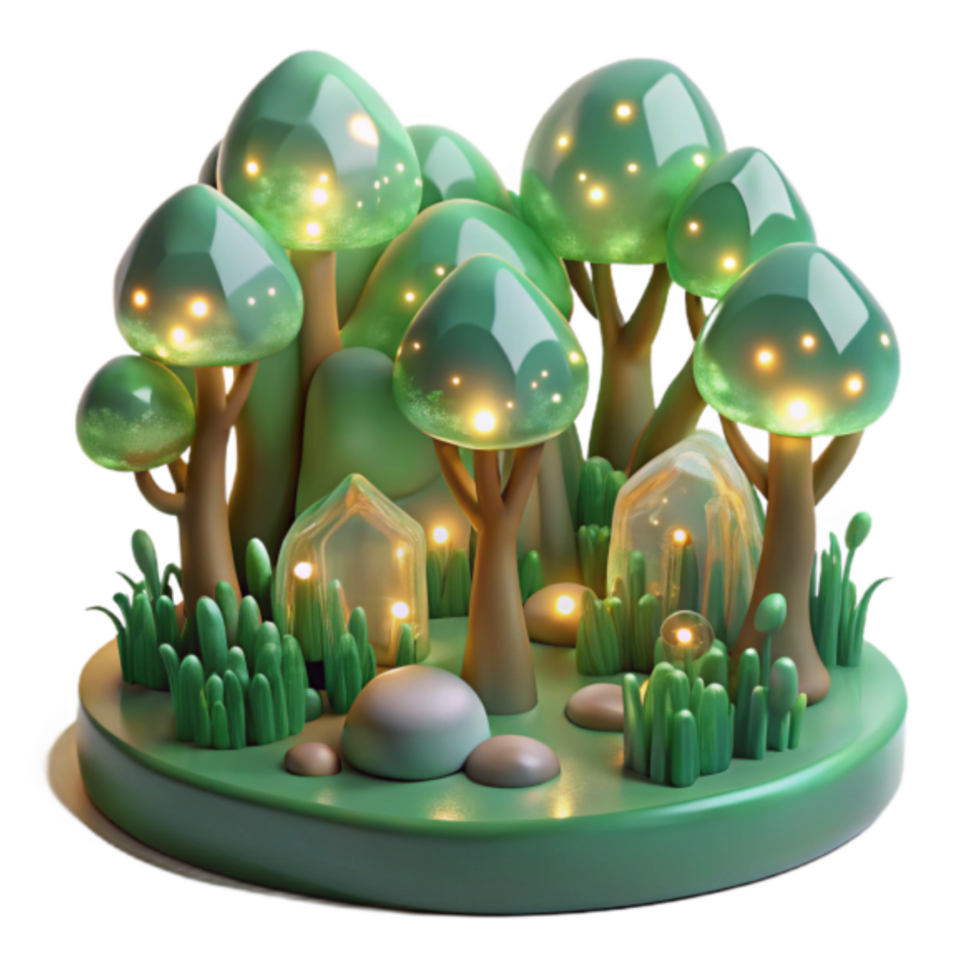 Enchanted 3D Forest Illustration Glowing Trees Crystal Caves png