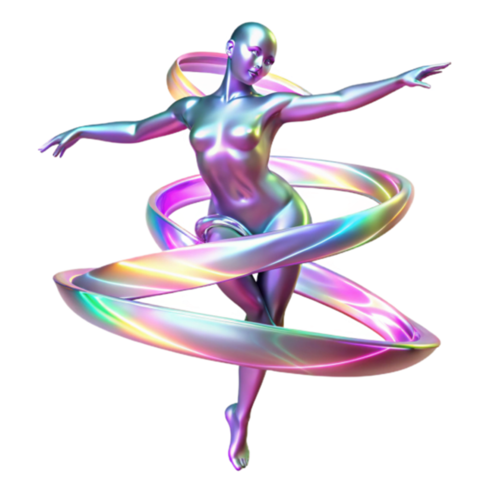 Iridescent 3D Render of a Graceful Female Figure in Dynamic Pose with Colorful Swirls png